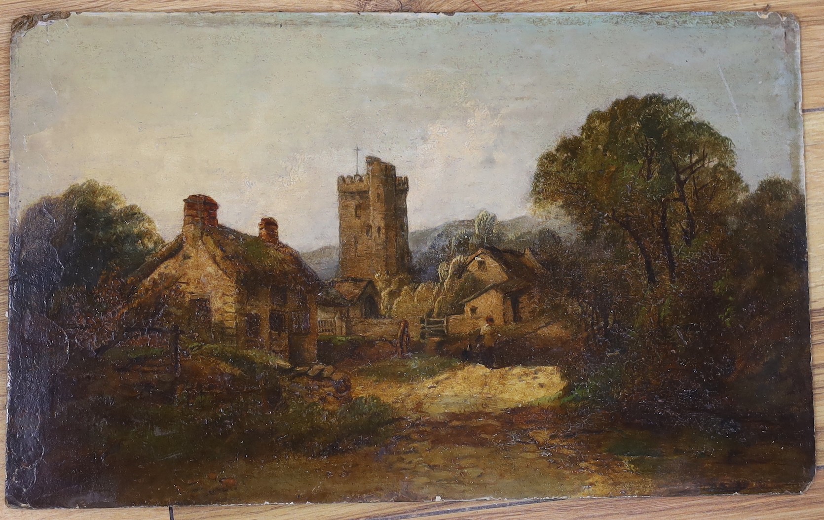 A group of assorted paintings and prints, mostly 19th century, Topographical scenes and figure studies including an oil on board view of a village and church by Joseph Horlor, 21.5 x 35cm, all unframed